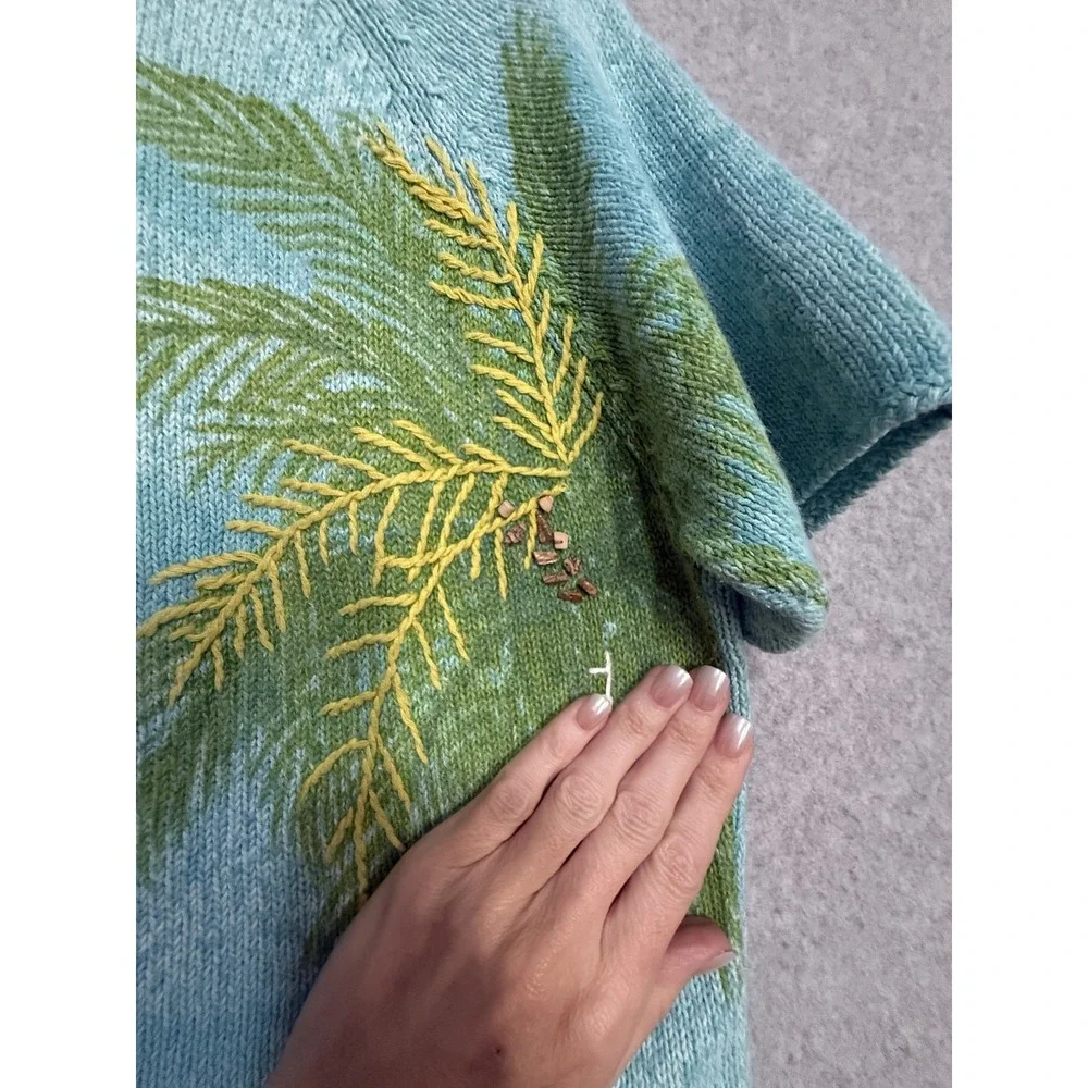 Vintage Fisher Hill Cardigan‎ Sweater Womens Large Blue Palm Tree Embroidered